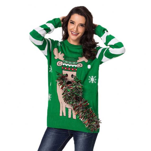 British Style Ugly Christmas Sweater Green Round Neck Animal Elk Pattern - 11088904