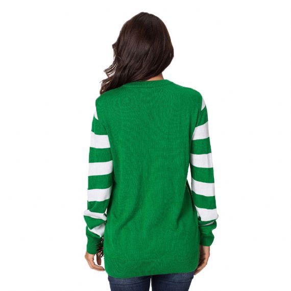 British Style Ugly Christmas Sweater Green Round Neck Animal Elk Pattern - 11088904