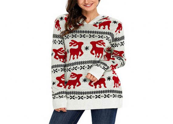 Knitted Hoodie Women Ugly Christmas Sweater Round Neck For Winter Warm - 11153745