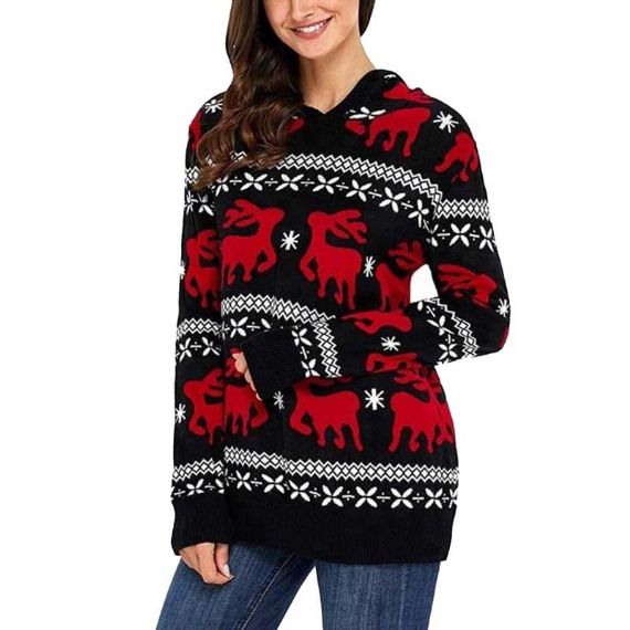 Women's Plus Size Ugly Black Christmas Reindeer Sweater Hoodie With Hat - 11153775