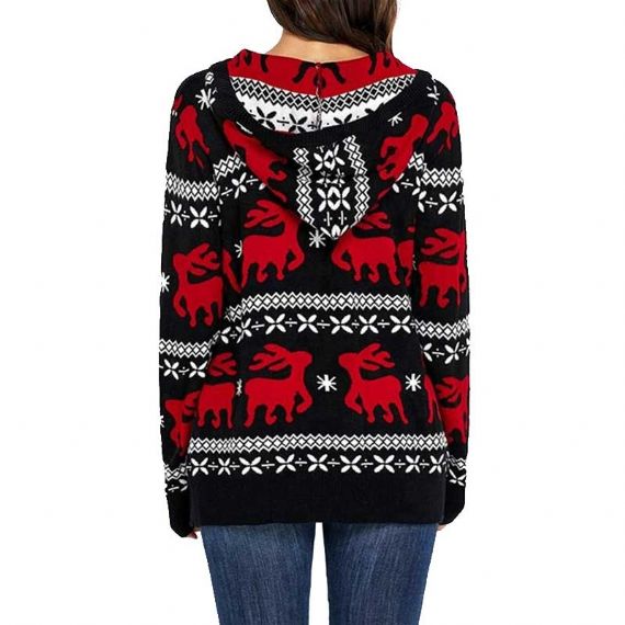 Women's Plus Size Ugly Black Christmas Reindeer Sweater Hoodie With Hat - 11153775