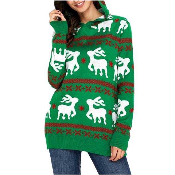 Women's Plus Size Ugly Black Christmas Reindeer Sweater Hoodie With Hat - 11153775
