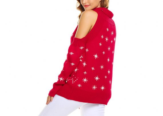 Red Green Black Off - Shoulder High Neck Ugly Christmas Sweater For Women - 11153781