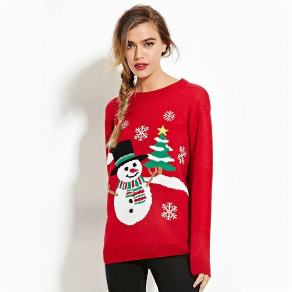 Snowman Santa Red Black Knitted Pattern Ugly Christmas Sweater Jumper - 11153790