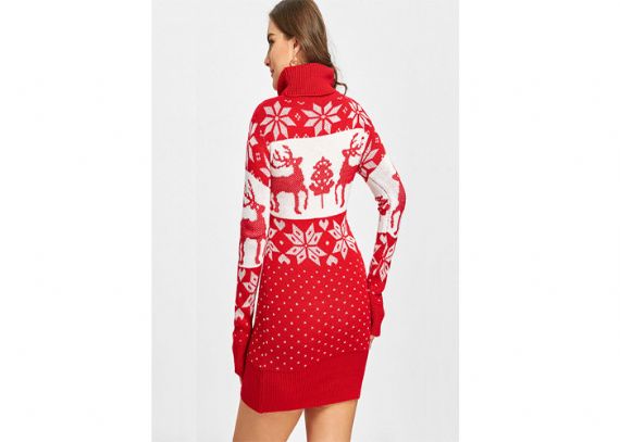 Plus Size Red Turtle Neck Long Sleeve Christmas Sweater Dress For Girl - 11153795