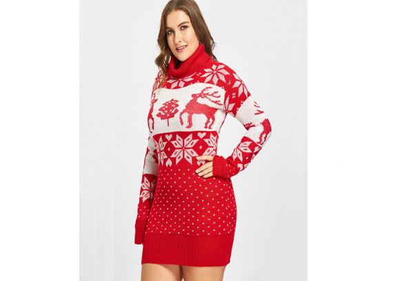 Plus Size Red Turtle Neck Long Sleeve Christmas Sweater Dress For Girl - 11153795