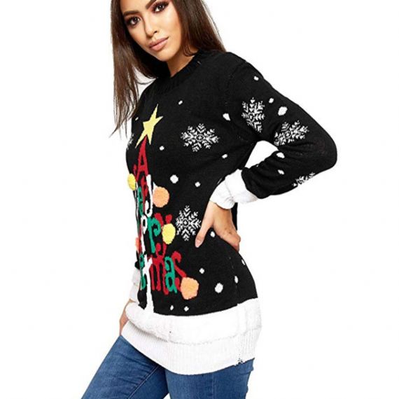 Women Acrylic Jacquard Christmas Sweater Red And Black Computer Knitted - 11660714