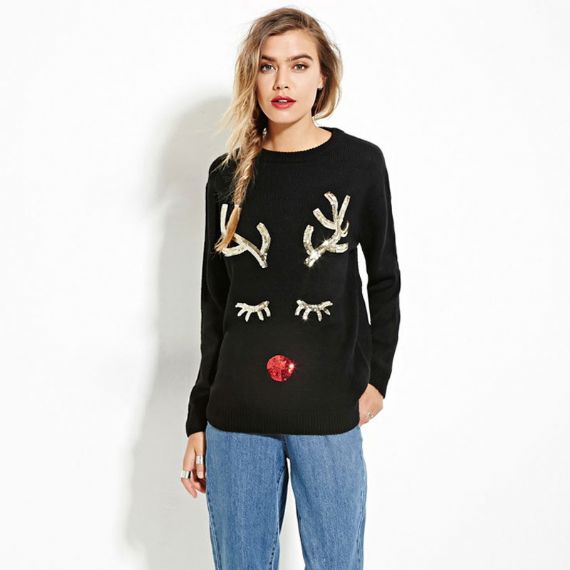 Womens Holiday Reindeer Ugly Christmas Sequin Sweater - XW12
