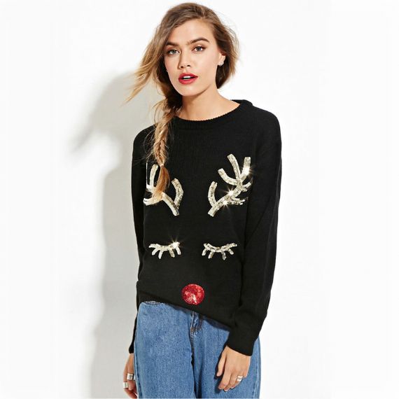 Womens Holiday Reindeer Ugly Christmas Sequin Sweater - XW12