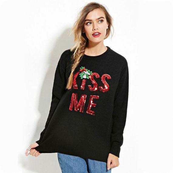 Womens Holiday Reindeer Ugly Christmas Sequin Sweater - XW12