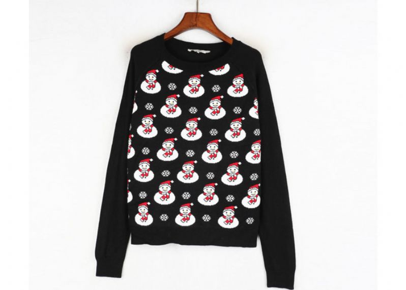 Black Color Xmas Girls Ugly Christmas Sweater Custom Made Santa Claus Pattern - 11660539