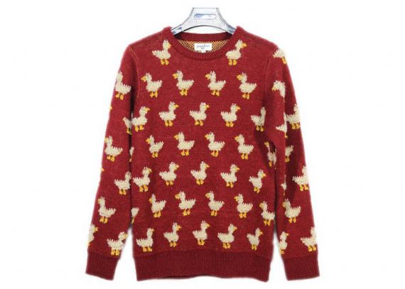 Ladies Crew Neck Red Mohair Pullover Sweater 9 Gauge Cute Duck Knitted Pattern - 12090456