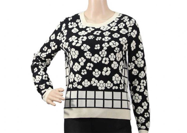 Black Ladies Round Neck Jumper Jacquard Flower Pattern Sweater For Women - 12091934