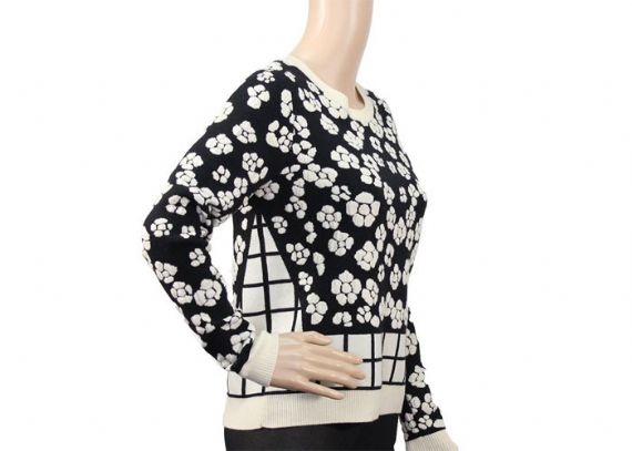 Black Ladies Round Neck Jumper Jacquard Flower Pattern Sweater For Women - 12091934