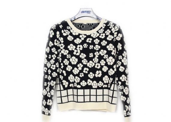 Black Ladies Round Neck Jumper Jacquard Flower Pattern Sweater For Women - 12091934