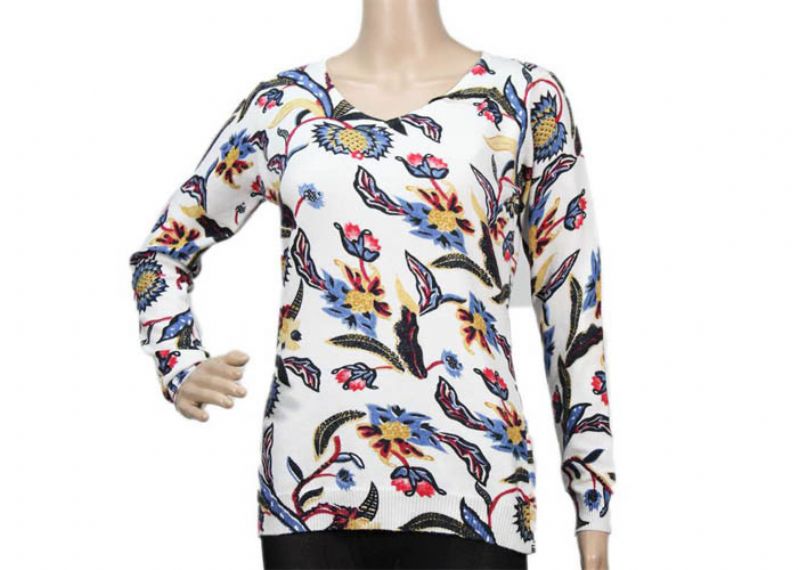 Thin 12GG White Long Sleeve Womens Crew Neck Sweater Printed Flower Pattern - 12092841