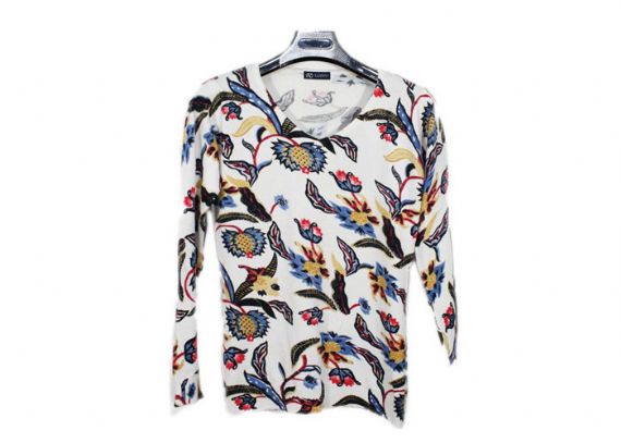 Thin 12GG White Long Sleeve Womens Crew Neck Sweater Printed Flower Pattern - 12092841