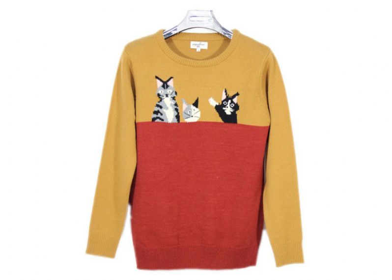 Red And Yellow Jacquard Cute Cat Pattern Jumper Jersery Knitwear For Young Ladies - 12093445