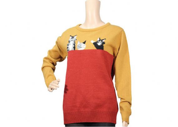 Red And Yellow Jacquard Cute Cat Pattern Jumper Jersery Knitwear For Young Ladies - 12093445