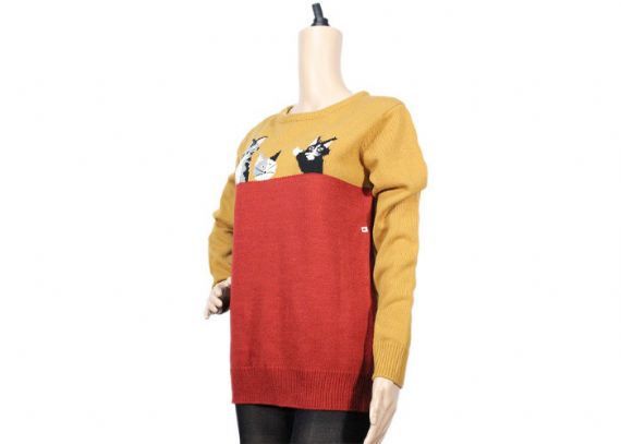 Red And Yellow Jacquard Cute Cat Pattern Jumper Jersery Knitwear For Young Ladies - 12093445