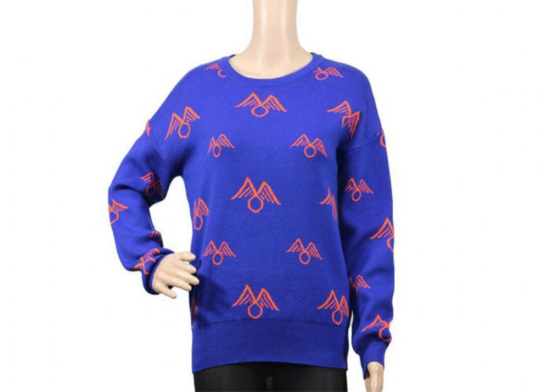 Long Blue Acrylic Jacquard Womens Knit Sweater Breathable Autumn Round Neck Sweater - 12093466