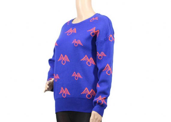 Long Blue Acrylic Jacquard Womens Knit Sweater Breathable Autumn Round Neck Sweater - 12093466