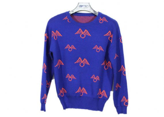 Long Blue Acrylic Jacquard Womens Knit Sweater Breathable Autumn Round Neck Sweater - 12093466