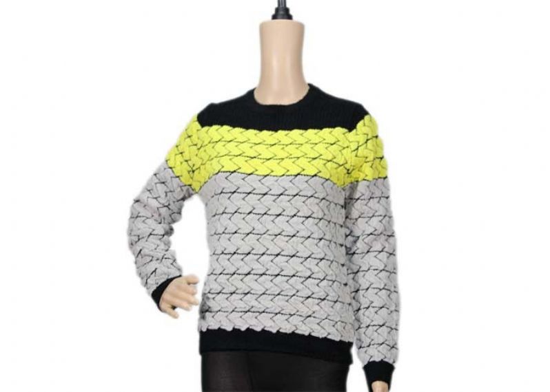 Tri Colour Ladies Long Sleeve Crew Neck Jacquard Black Yellow Knit Sweater - 12104000