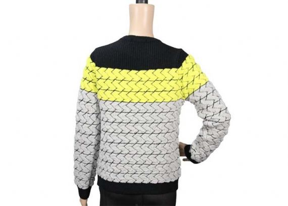 Tri Colour Ladies Long Sleeve Crew Neck Jacquard Black Yellow Knit Sweater - 12104000
