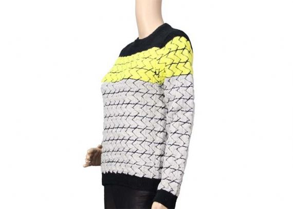 Tri Colour Ladies Long Sleeve Crew Neck Jacquard Black Yellow Knit Sweater - 12104000