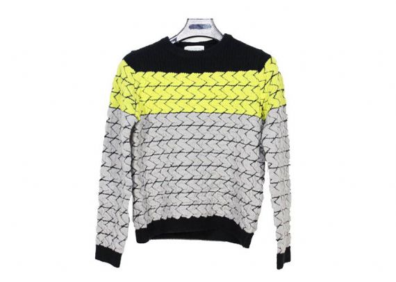 Tri Colour Ladies Long Sleeve Crew Neck Jacquard Black Yellow Knit Sweater - 12104000