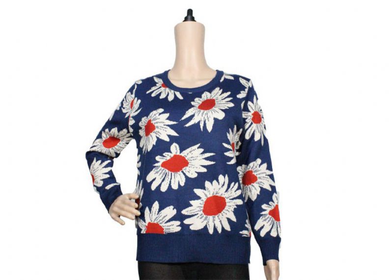 Ladies Navy Blue Womens Knit Sweater Crew Neck Jacquard Pattern For Spring - 12105281