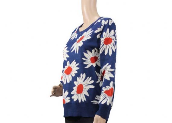 Ladies Navy Blue Womens Knit Sweater Crew Neck Jacquard Pattern For Spring - 12105281