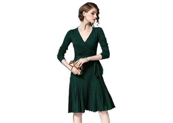 Elegant V Neck Ladies Sweater Dress Long Sleeves Mercerized Cotton Material - 11202530