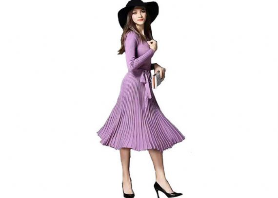 Elegant V Neck Ladies Sweater Dress Long Sleeves Mercerized Cotton Material - 11202530