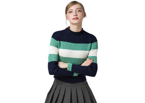 Rib Long Sleeve Womens Knit Sweater Round Neck Stripe Knitted Pullover Style - 11202586