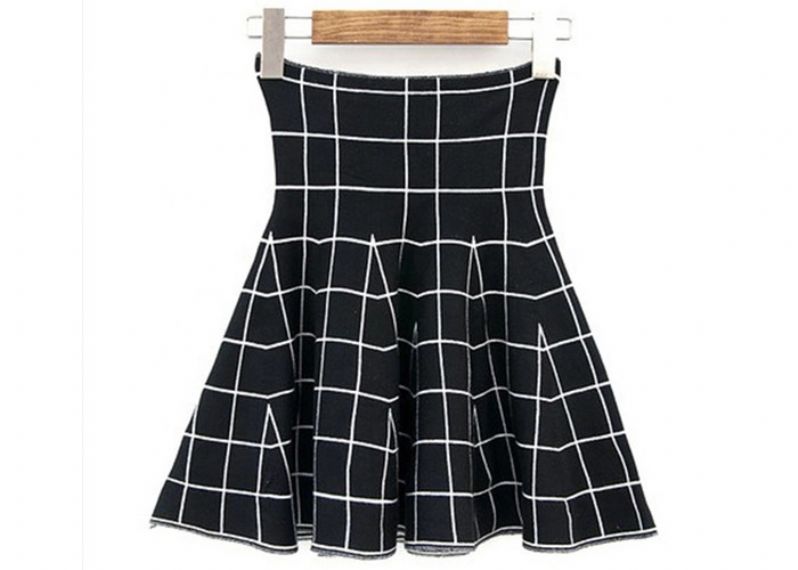High Waist Grid Pattern Girls Skater Skirt / Fashionable Plaid Mini Skirt - 11612198