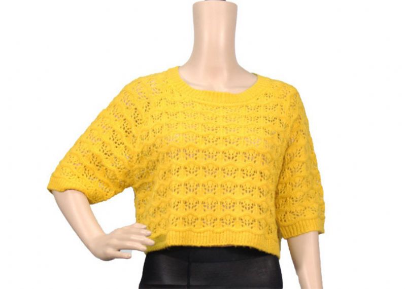 Loose Short Sleeve Round Neck Yellow Womens Knit Sweater For Spring And Autumn - 12092359