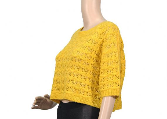 Loose Short Sleeve Round Neck Yellow Womens Knit Sweater For Spring And Autumn - 12092359