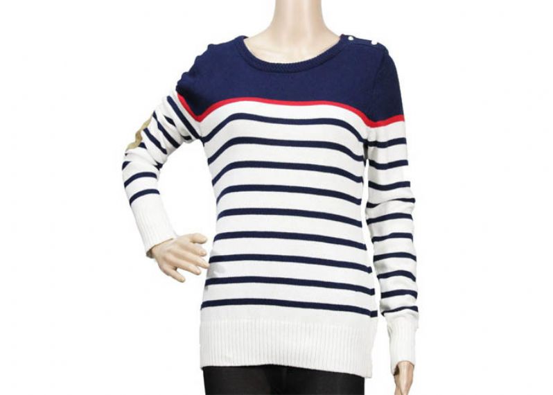 Classic Striped Womens Knit Sweater Slim Fit Crew Neck Button Up For Ladies - 12102796
