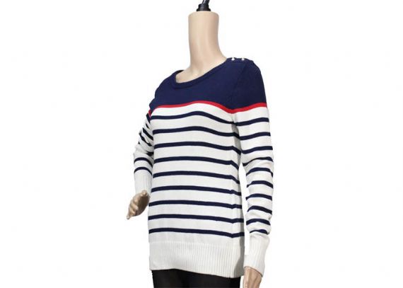 Classic Striped Womens Knit Sweater Slim Fit Crew Neck Button Up For Ladies - 12102796