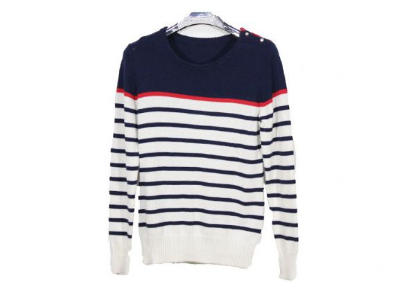 Classic Striped Womens Knit Sweater Slim Fit Crew Neck Button Up For Ladies - 12102796