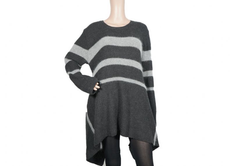 Grey Cotton 12 Gauge Striped Pattern Women Sweater Round Collar Long For Autumn - 12317225