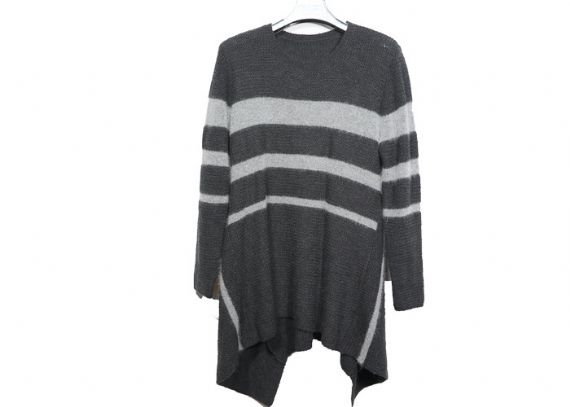 Grey Cotton 12 Gauge Striped Pattern Women Sweater Round Collar Long For Autumn - 12317225