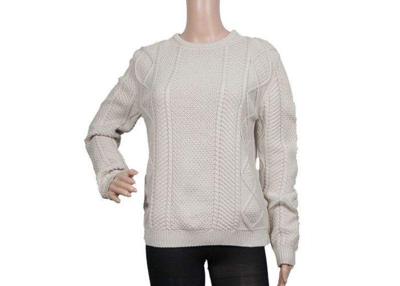 White Cable Round Neck Women Sweater Pure Cotton Thick 9 Gauge Knitted For Winter - 12320423
