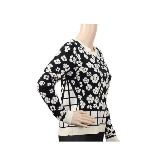 Свитер цветочного узора жаккарда прыгуна шеи черных дам круглой для женщин - 12091934
