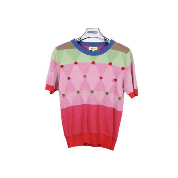 Летний свободный вязаный пуловер, свитер с ромбовидной решеткой в ​​клетку, украшенный шариками - 12104023