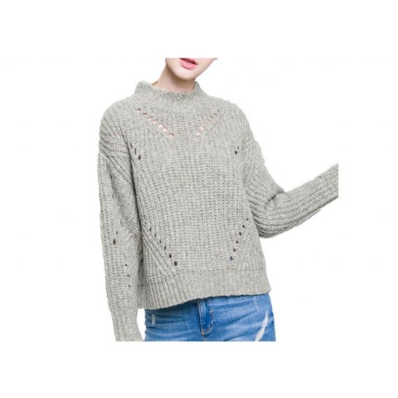 Свитер пуловера шеи полого дизайна свободный связанный круглый для женщин - 11202546