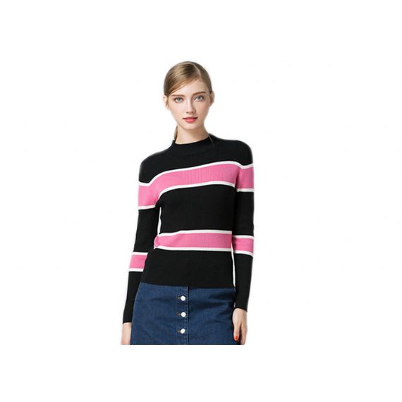 Свитер Книт женщин рукава нервюры круглый стиль пуловера круглой связанный нашивкой - 11202586