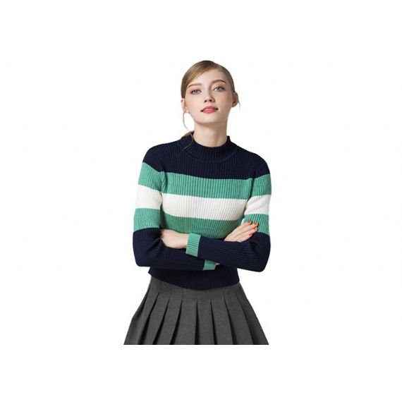 Свитер Книт женщин рукава нервюры круглый стиль пуловера круглой связанный нашивкой - 11202586